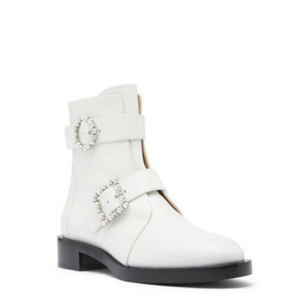 Stuart Weitzman Ryder Pearl Geo Buckle Booties White Silver- Size 37 (6.5)